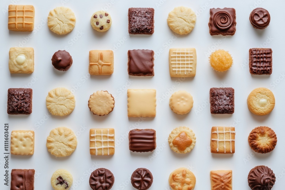 Poster a vibrant collection of various cookies and sweets is displayed on a white background, leaving room 