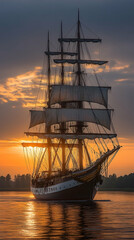 Tall ship sailing at sunset, golden hour light reflecting on water.