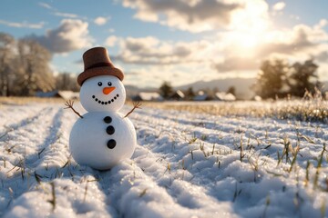 Obraz premium Cheerful Snowman in a Winter Landscape with Sunlight Peeking Through