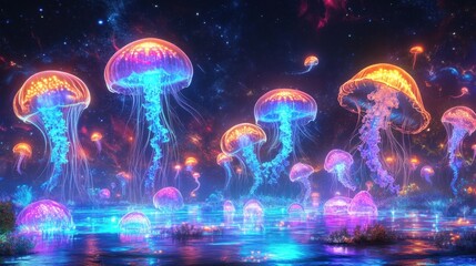 Fototapeta premium Bioluminescent beings with jellyfish forms floating in an illuminated alien meadow, casting vibrant hues across the scene