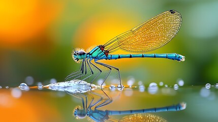 Close-up macro photo of a damselfly on a water surface, reflecting its elegant body and wings in high detail 
