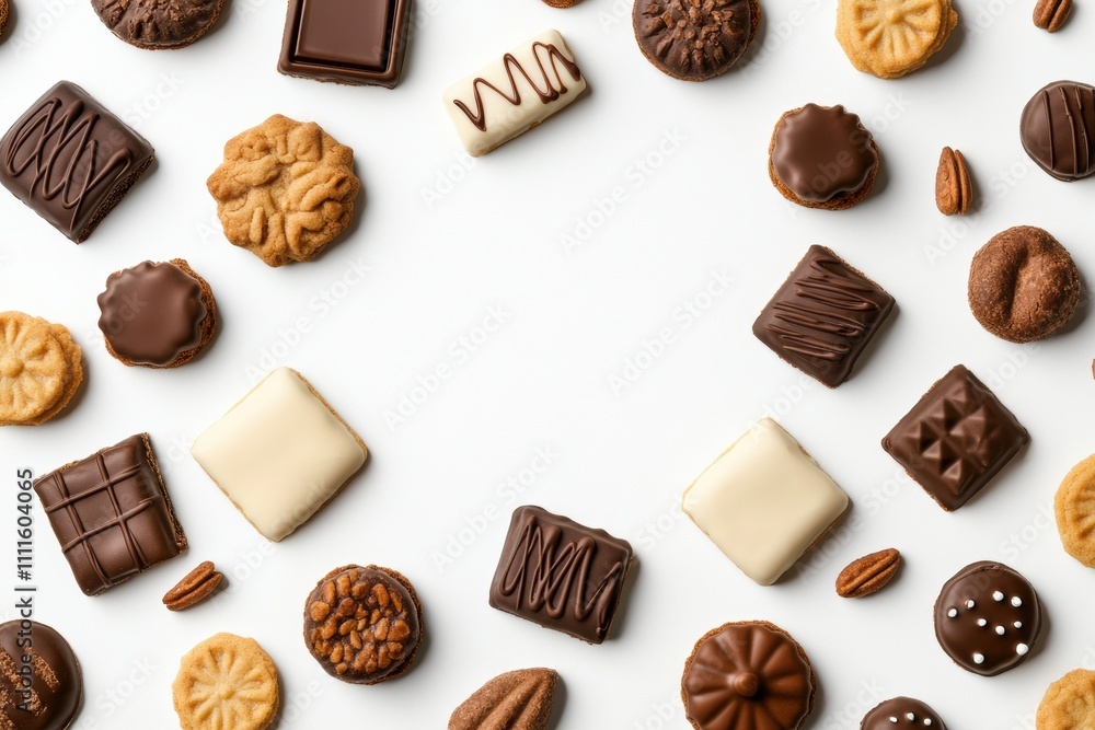 Poster Colorful collection of cookies and sweets on a clean white surface provides an inviting backdrop for creative text or design elements. Generative AI