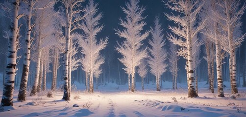 Obraz premium Sparkling winter wonderland with glowing birch trees, Christmas eve, bright light, holiday spirit, winter break, snowscape