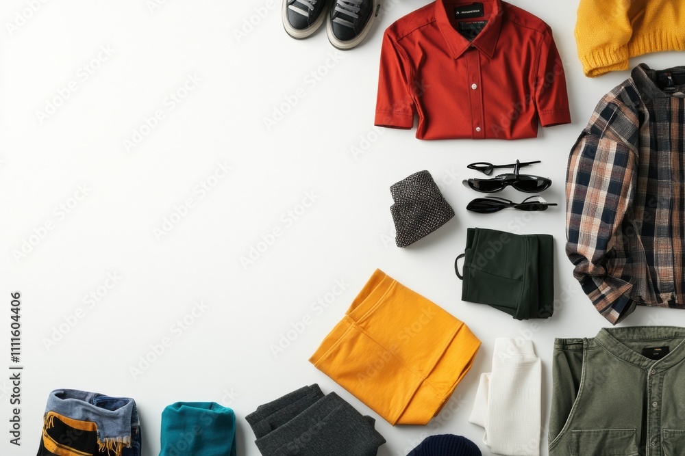 Aufkleber different styles of shirts, pants, and accessories arranged neatly on a white surface provide blank 