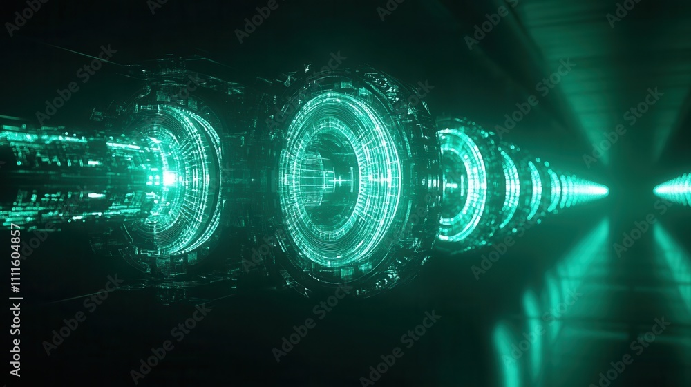 Poster a futuristic tunnel with glowing green circular patterns, suggesting advanced technology and digital