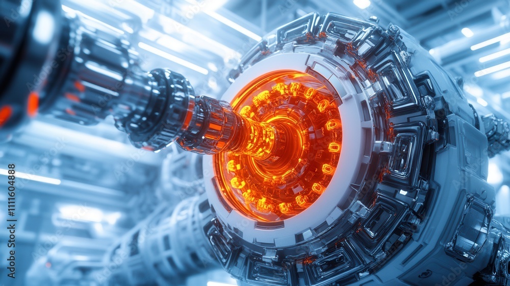 Poster a futuristic close-up of a glowing energy core surrounded by intricate machinery, showcasing advance
