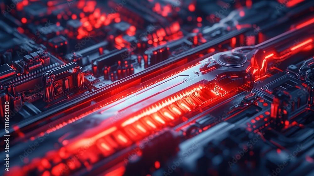 Poster a close-up view of a futuristic circuit board illuminated with vibrant red lights, showcasing intric