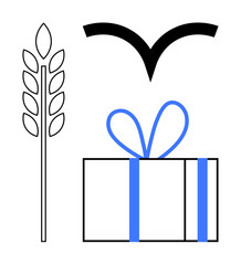 Line art gift box with blue bow, black wheat stalk, and bird silhouette. Ideal for celebrations, agriculture, minimalistic design, nature themes, simplicity elegance and holidays. Line metaphor