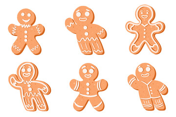 Gingerbread man cookies. Christmas aesthetic. Holiday bread with ginger shaped like man. flat vector illustration isolated on background. Hand drawn clipart for stickers, cards, print.