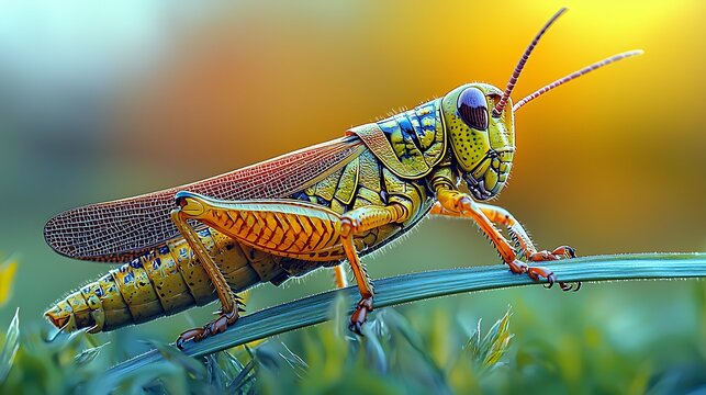 Macro image of a grasshopper resting on a blade of grass, highlighting the texture of its legs and wings 