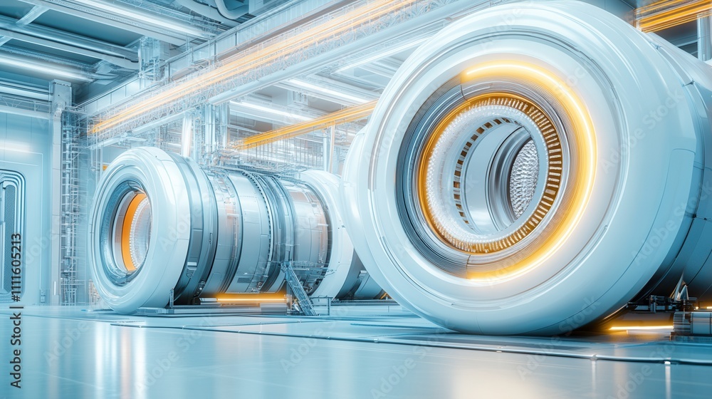 Poster a futuristic industrial space featuring large circular machines with glowing elements, emphasizing a