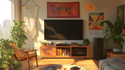 a living room with a tv and a poster on the wall Generative AI