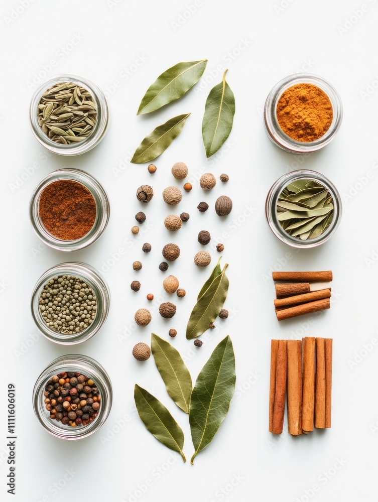 Aufkleber Vibrant spices are displayed in small jars alongside bay leaves and cinnamon, creating an aromatic setting with space for text. Generative AI