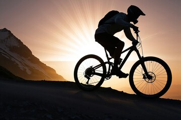 Mysterious Biker Silhouette Riding Mountain Trail at Dusk with Vibrant Sunset Background