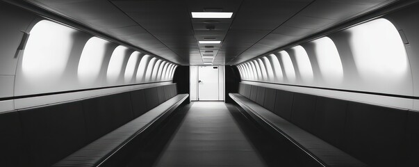 Airplane aisle seen in a minimalist design, focusing on the exit door.