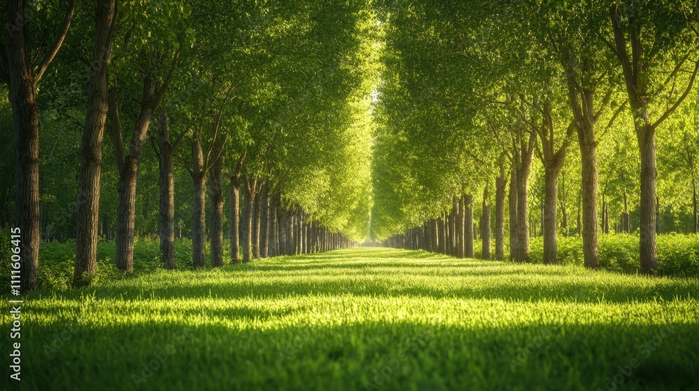 Poster linear rows of dark green trees in a quiet forest, bathed in gentle white light, creating an etherea