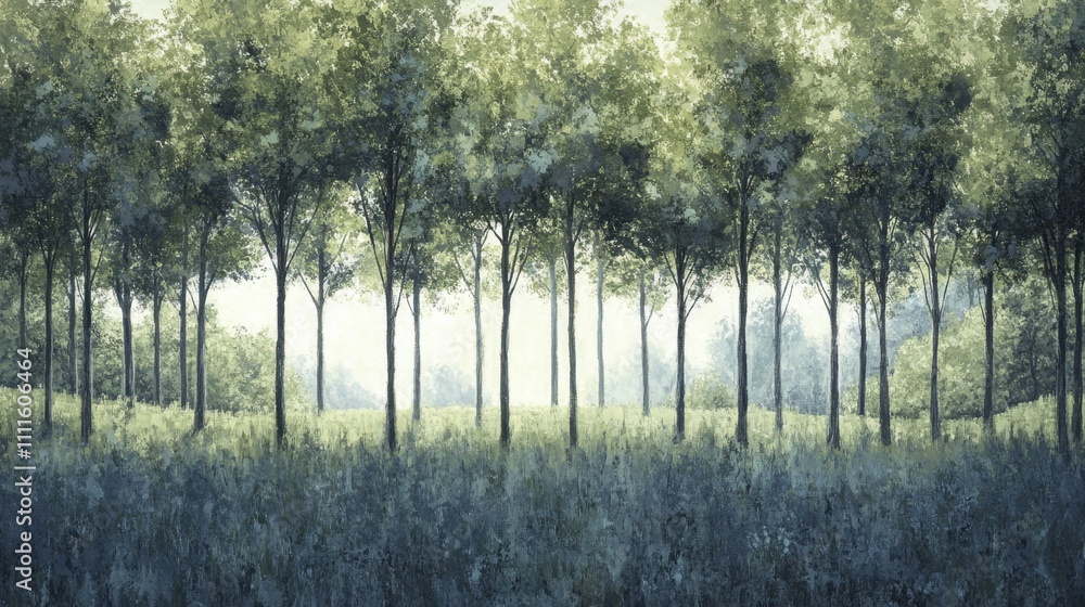 Poster linear rows of dark green trees in a quiet forest, bathed in gentle white light, creating an etherea