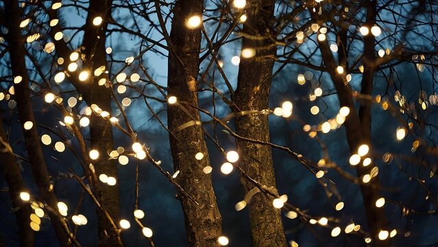 Blurred lights shining amongst tree branches background, 4k iamge