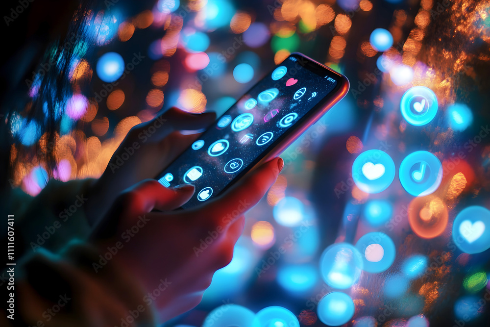Poster woman holding a smartphone with glowing app icons surrounded by colorful bokeh lights in a dark sett