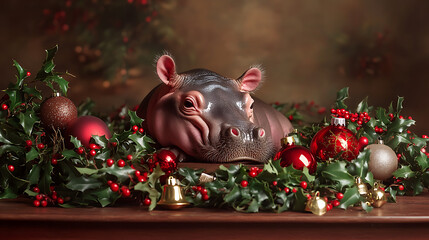 Baby Hippo in Christmas Wreath