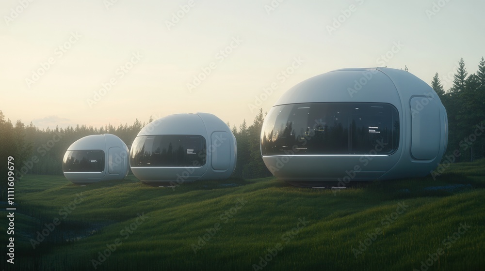 Poster futuristic pod-like structures nestled in a serene landscape, featuring large windows and smooth, ro