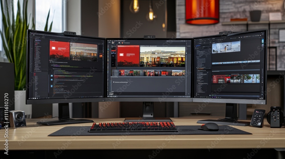 Poster a modern workspace featuring triple monitor, keyboard, and mouse, ideal for productivity and multita