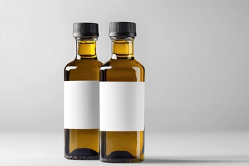 Two Amber Bottles With Blank Labels Stand Side By Side