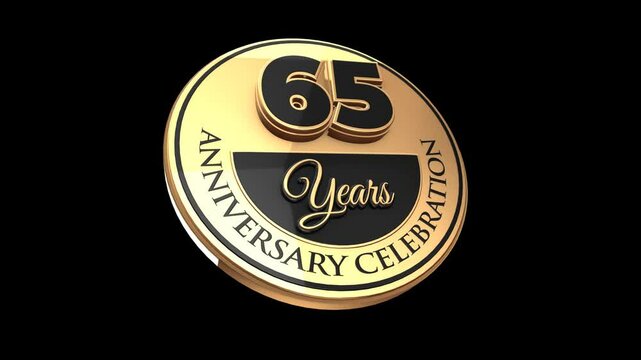 65 years, 65th anniversary logo, loop, looped video in 3D Gold with Alpha channel,  isolated transparent background