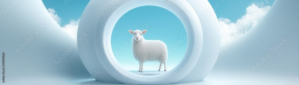 Poster a whimsical scene featuring a sheep standing inside a circular structure with a bright blue sky and 