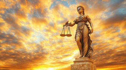 Obraz premium Statue of Justice against a vibrant sunset backdrop