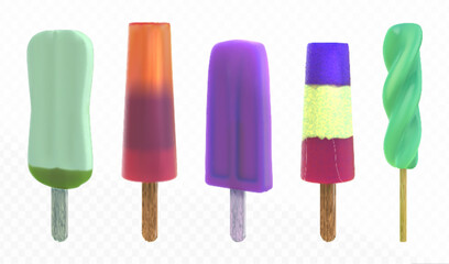 3d summer ice popsicle. Isolated cream on stick realistic illustration. Fruit gradient freeze popstick desserts set. Refreshing tasty snack product with fruity juice design. Frost orange sugar treat