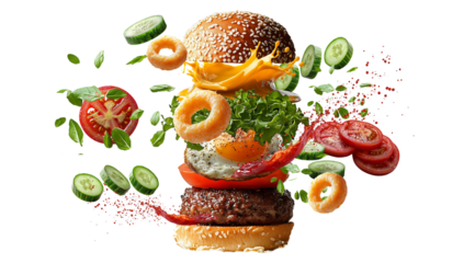 PNG, Burger ingredients, ready burger, isolated on white background, designed and generated by AI technology.