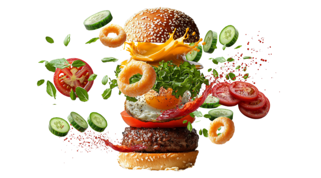 PNG, Burger ingredients, ready burger, isolated on white background, designed and generated by AI technology.