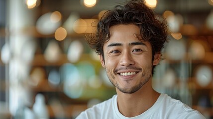 Obraz premium portrait of young asian man with teeth smile in plain white t-shirt in modern cafe