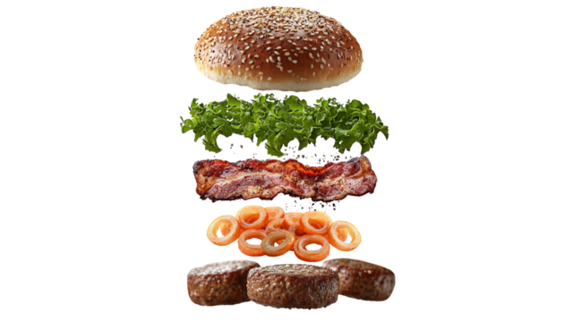 PNG, Burger ingredients, ready burger, isolated on white background, designed and generated by AI technology.