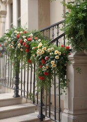 Naklejka premium Garland of greenery and flowers wrapped around a staircase railing , flowers, elegant, greenery