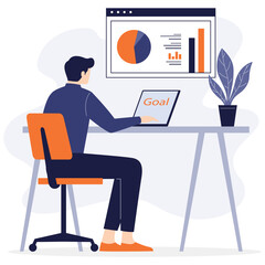 Business professional analyzing data at desk with charts on screen