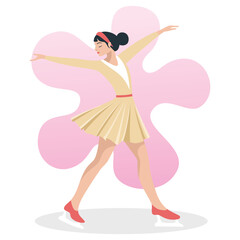 A female ice skater performing a graceful routine against a soft pink background.