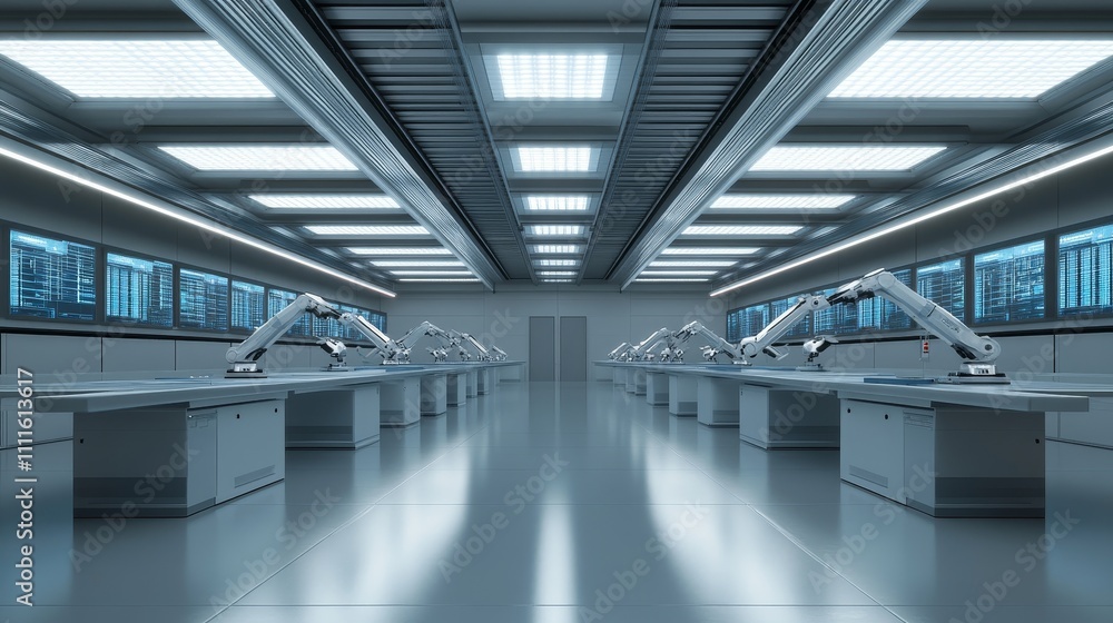 Poster a modern industrial workspace featuring robotic arms for automation and precision tasks.