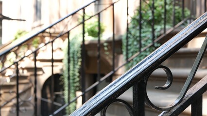 New York City townhouse building, Brooklyn Heights residential district, USA. Brownstone urban architecture, attached house. United States real estate, american property, apartments and homes in NYC.