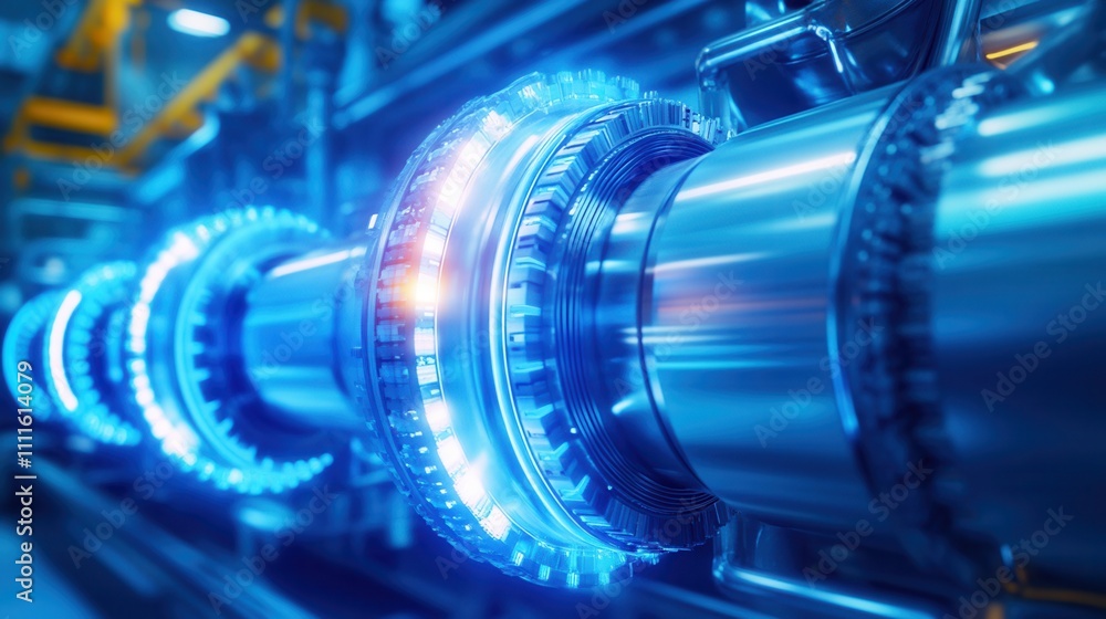 Poster a close-up of a futuristic metal component featuring blue glowing elements, showcasing advanced engi