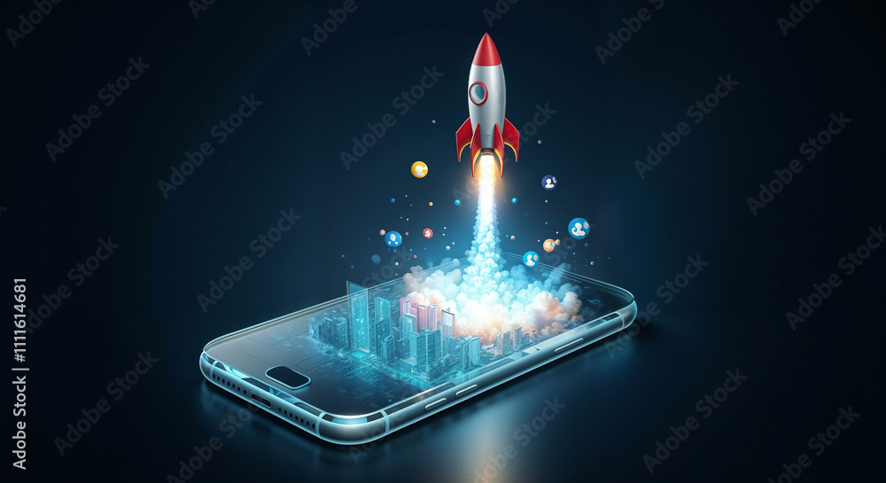 Poster startup with rocket, path to success development concept, digital hologram on phone. generative ai