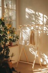 Sunlight illuminates clothes on a wooden rack near plants.