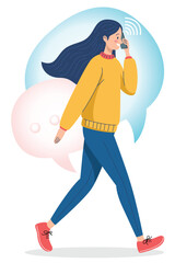 Young Woman Speaking on Phone with Vibrant Speech Bubbles
