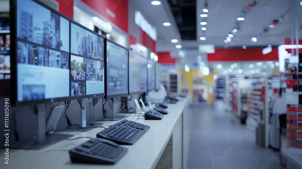Poster security monitors displayed in an electronics store.