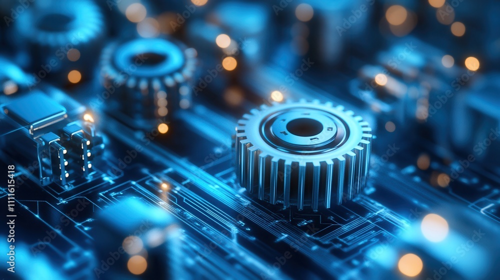 Poster a close-up view of interconnected gears and circuitry, showcasing a blend of technology and mechanic