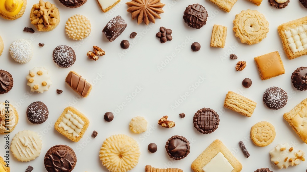 Poster colorful collection of various sweets and cookies arranged on a white surface, leaving room for crea