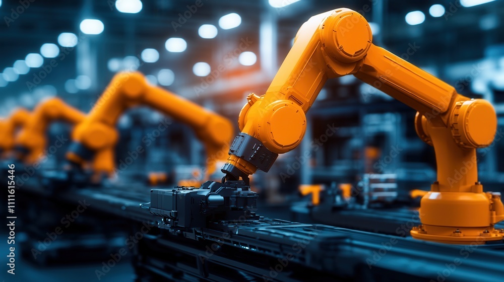 Poster a close-up of industrial robotic arms in a factory setting, showcasing automation and precision in m
