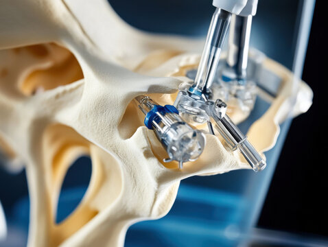 intricate view of medical device interacting with skeletal model, showcasing advanced technology in orthopedic diagnostics. image highlights precision and innovation in healthcare