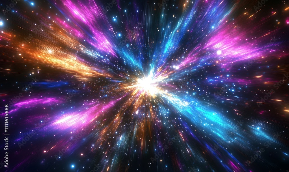 Poster explosion of vibrant colors and lights resembling a burst of energy in outer space, creating a dynam